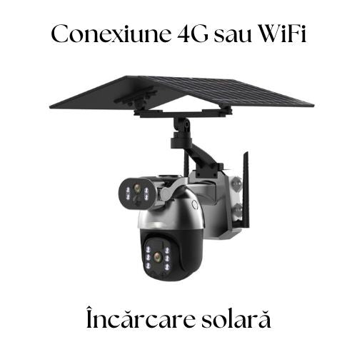 Cameră de Supraveghere 6K Ultra HD+, Dual Lens, 2 Ecrane, Zoom Digital 4X, Panou Solar 12W, Vedere Nocturnă Full Color, Alarma Inteligentă, Conexiune 4G/WiFi, Stocare Cloud sau card