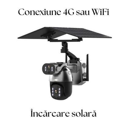 Cameră de Supraveghere 6K Ultra HD+, Dual Lens, 2 Ecrane, Zoom Digital 4X, Panou Solar 12W, Vedere Nocturnă Full Color, Alarma Inteligentă, Conexiune 4G/WiFi, Stocare Cloud sau card