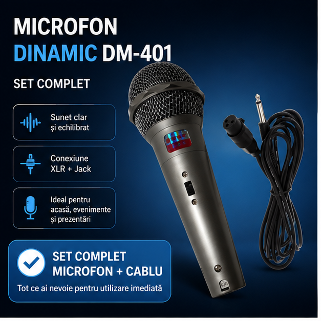 Microfon Unidirectional Dinamic,Cu Fir,Argintiu/ Negru