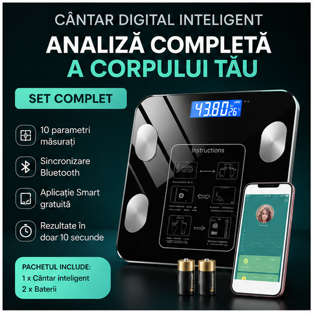 Cantar digital inteligent cu aplicatie Smart - Analizeaza greutatea, grasimea corporala si IMC