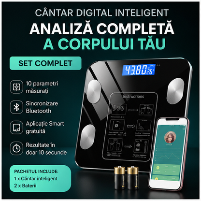 Cantar digital inteligent cu aplicatie Smart - Analizeaza greutatea, grasimea corporala si IMC