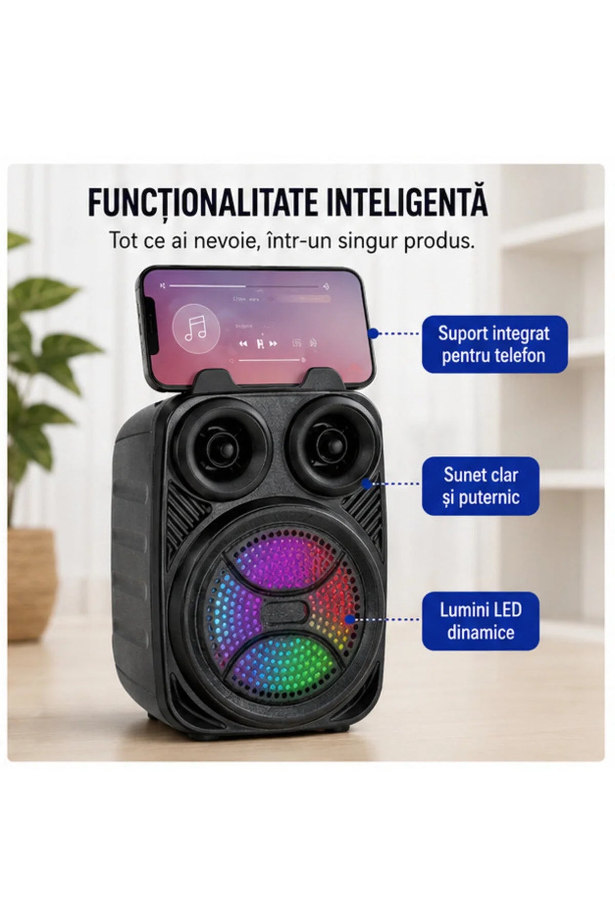 Boxa portabila cu suport de telefon si maner