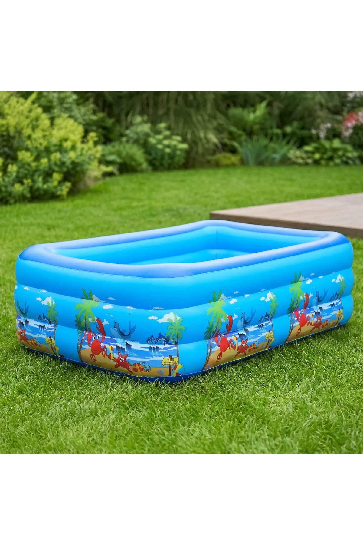 Piscina gonflabila copii, model dreptunghiular, multicolora, baza podea moale, 3 inele, intalare rapida din vinil. DIM 260x165x54
