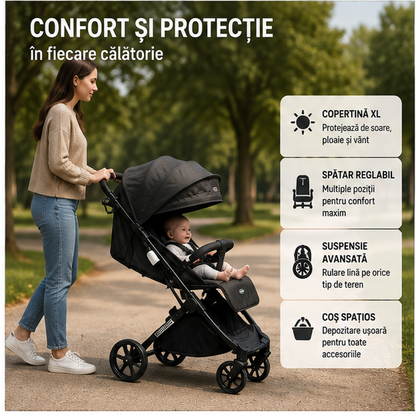 Carucior unidirectional 2IN1 din aluminiu super rezistent negru