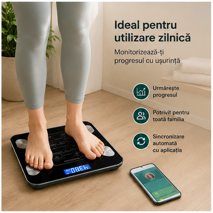 Cantar digital inteligent cu aplicatie Smart - Analizeaza greutatea, grasimea corporala si IMC