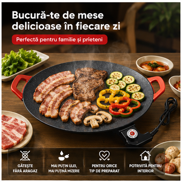 Tigaie tip gratar electric Pexor 40 CM, Gatire fara ulei, Interior-Exterior, Aluminiu