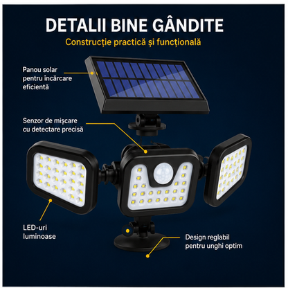 Lampa Solară cu LED Reglabil, Senzor Crepuscular și Senzor Mișcare
