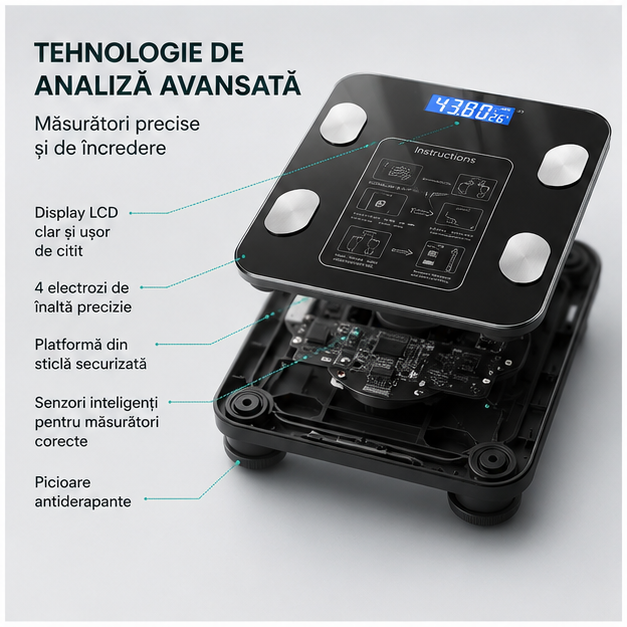 Cantar digital inteligent cu aplicatie Smart - Analizeaza greutatea, grasimea corporala si IMC