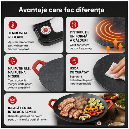 Tigaie tip gratar electric Pexor 40 CM, Gatire fara ulei, Interior-Exterior, Aluminiu