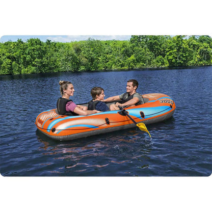 Barca gonflabila Bestway, fabricata din PVC, 3 camere de aer, doi adulti si un copil, 2 vasle din plastic, sarcina maxima 200 kg, pompa cu piston inclusa, 246 x 122 cm