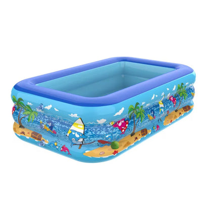 Piscina gonflabila copii, model dreptunghiular, multicolora, baza podea moale, 3 inele, intalare rapida din vinil. DIM 260x165x54