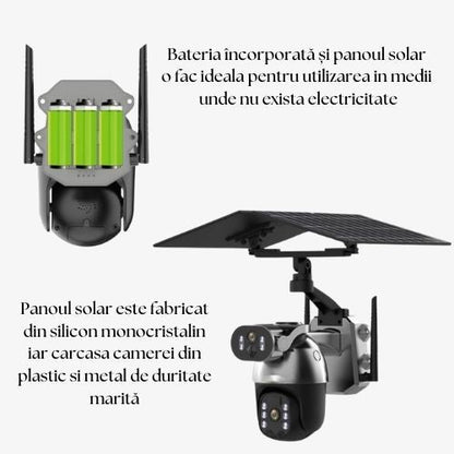 Cameră de Supraveghere 6K Ultra HD+, Dual Lens, 2 Ecrane, Zoom Digital 4X, Panou Solar 12W, Vedere Nocturnă Full Color, Alarma Inteligentă, Conexiune 4G/WiFi, Stocare Cloud sau card