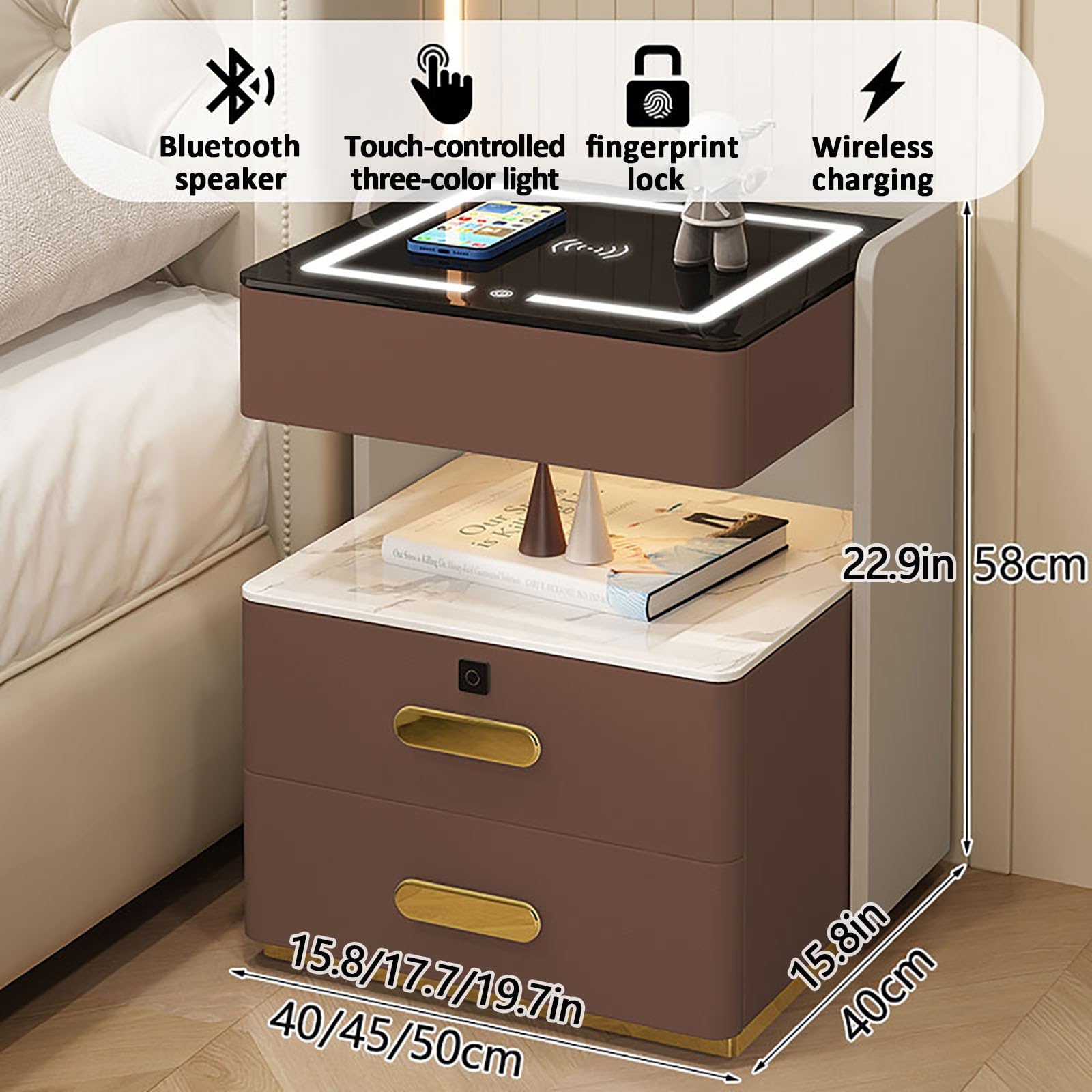 Noptiera inteligenta cu incarcare wireless, iluminare LED, 3 sertare de depozitare-Bej, design modern din sticla si lemn, dim 55x40x50