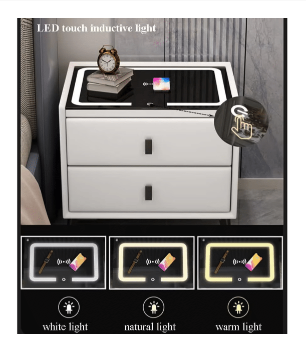 Noptiera inteligenta cu incarcare wireless, lumini LED regla