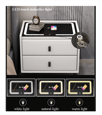 Noptiera inteligenta cu incarcare wireless, lumini LED regla