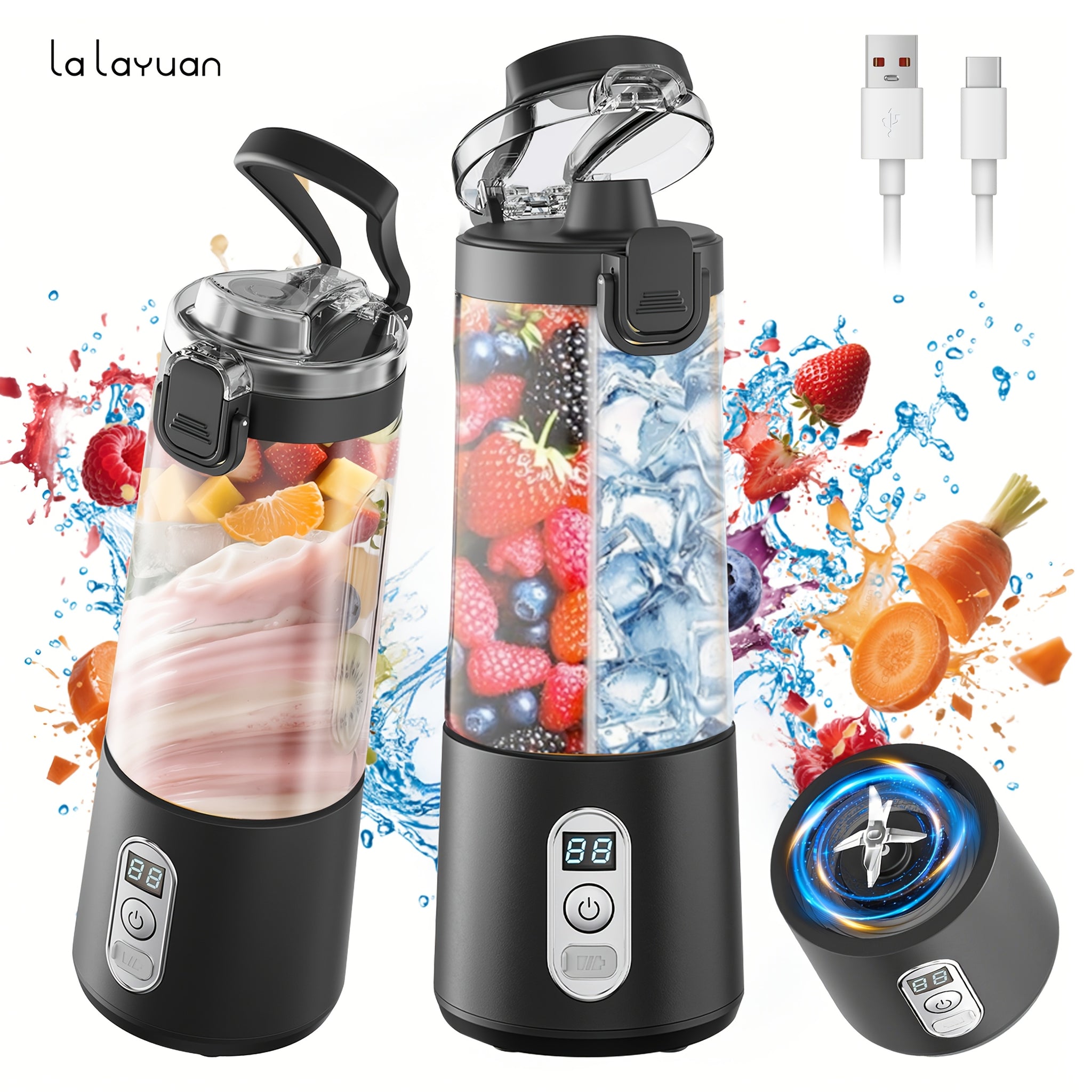 Storcator de fructe portabil, multifunctional, zdrobire rapida, baterie de 1500mAh, pentru interior cana de suc cu dubla utilizare, incarcare USB, capacitate 600ml
