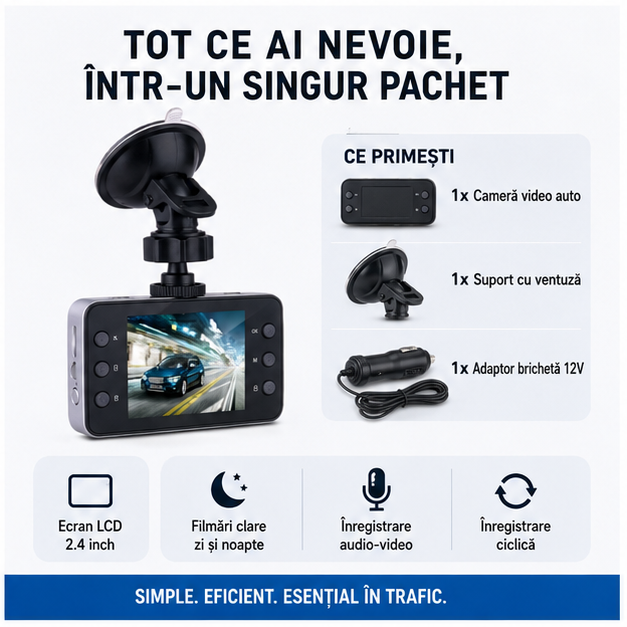 Camera Auto DVR HD 720p cu Display 2.4 inch - Filmare Excelenta Zi si Noapte