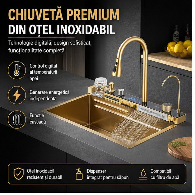 Chiuveta Bucatarie Multifunctionala cu LED, Inox, Auriu
