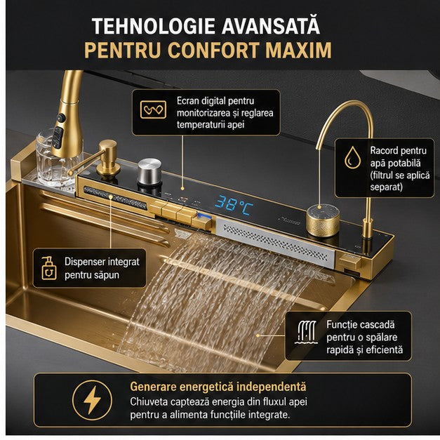 Chiuveta Bucatarie Multifunctionala cu LED, Inox, Auriu