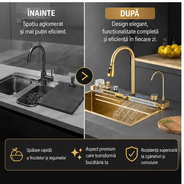 Chiuveta Bucatarie Multifunctionala cu LED, Inox, Auriu