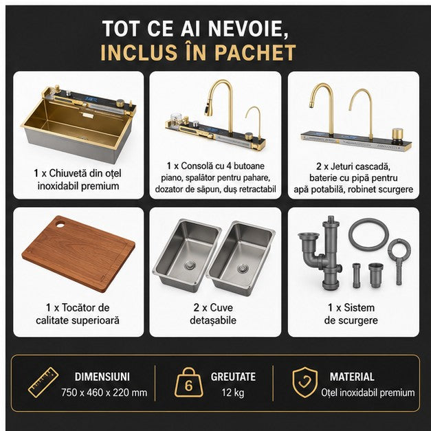 Chiuveta Bucatarie Multifunctionala cu LED, Inox, Auriu