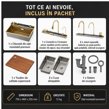 Chiuveta Bucatarie Multifunctionala cu LED, Inox, Auriu