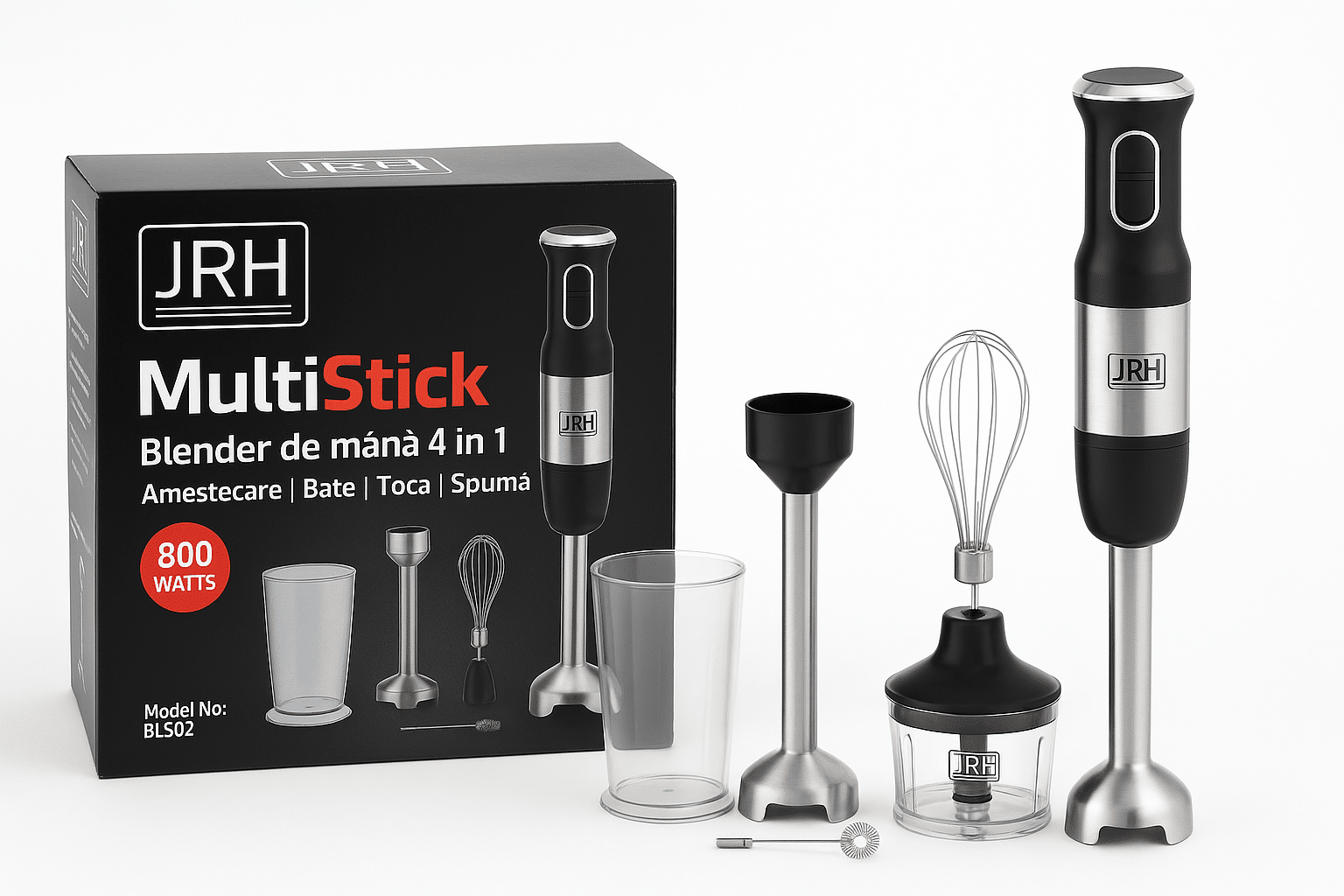 Set blender de mana 4 in 1, 800W JRH multiStick Inox, Acceso