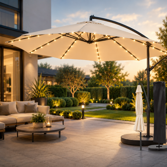 Umbrela Gradina Banana cu LED Solar, Brat Lateral, 300 cm, Crem