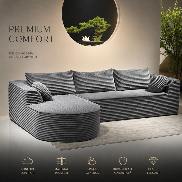 Canapea Tip Coltar, MEMORY FOAM, SUPER TRENDS, 3 Perne Mari si 2 Perne Mici, Gri, 275x175x70 cm