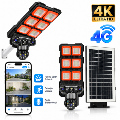 Lampa Cu Cameră de Supraveghere 4G cu Panou Solar, 4K Ultra HD, 4 Lentile, Iluminare LED, Vedere Nocturnă și Detecție Mișcare