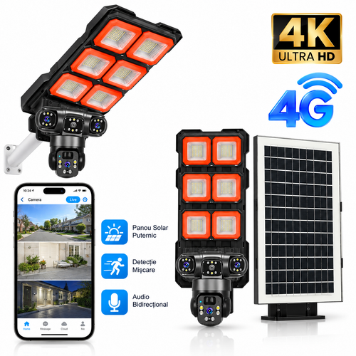 Lampa Cu Cameră de Supraveghere 4G cu Panou Solar, 4K Ultra HD, 4 Lentile, Iluminare LED, Vedere Nocturnă și Detecție Mișcare