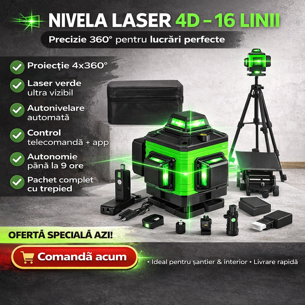 NIVELA LASER 16 LINII - 4D, 2 ACUMULATORI SI 10 ACCESORII