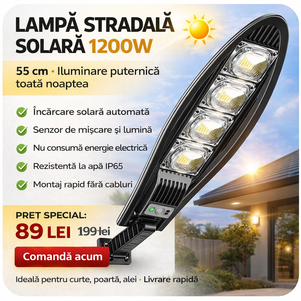 Lampa Stradala 1200W, Incarcare Solara, 65 CM