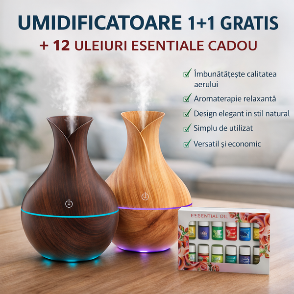 Pachet 1 + 1 Difuzor Aromaterapie cu ultrasunete si Umidificator cu led, 130 ml + Cadou 24 Esente Aromaterapie