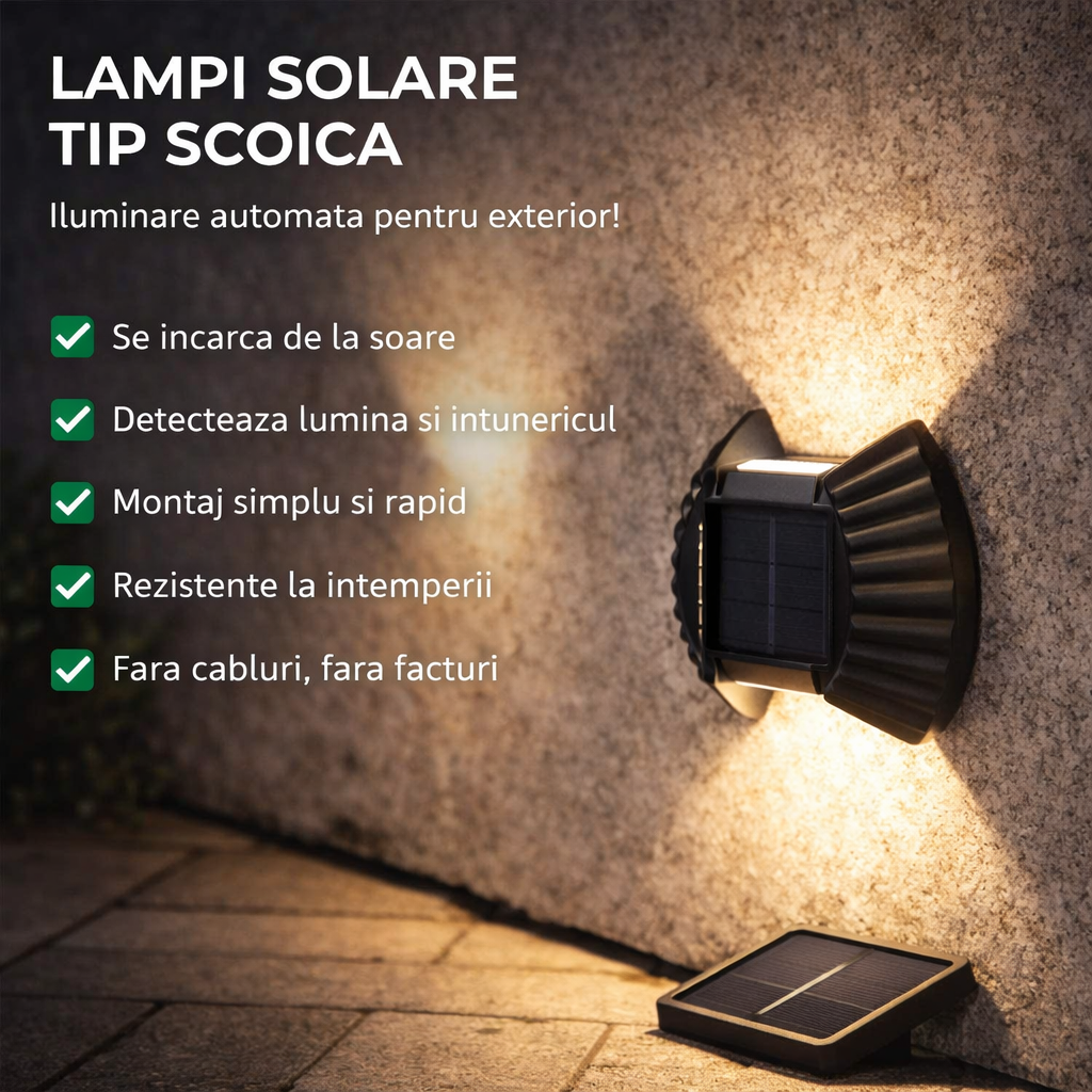 Lămpi Solare Decorative „Scoică" IP65, Iluminare Bidirecțională – Set 8, 12 sau 16 buc, Alb Cald sau Alb Rece