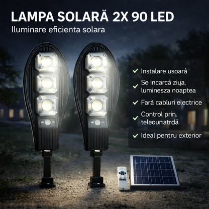 Set 2 x Lampa Solara stradala 90 LED-uri, 3 moduri de functionare, cu telecomanda.