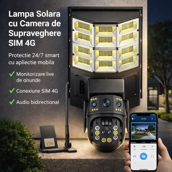 Lampa Solara cu Camera de Supraveghere SIM 4G, Aplicatie Mobila V380, 1920x2160, Microfon + Difuzor incorporat