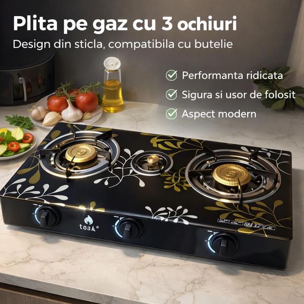 Plita pe gaz cu 3 ochiuri, design din sticla, compatibila cu butelie