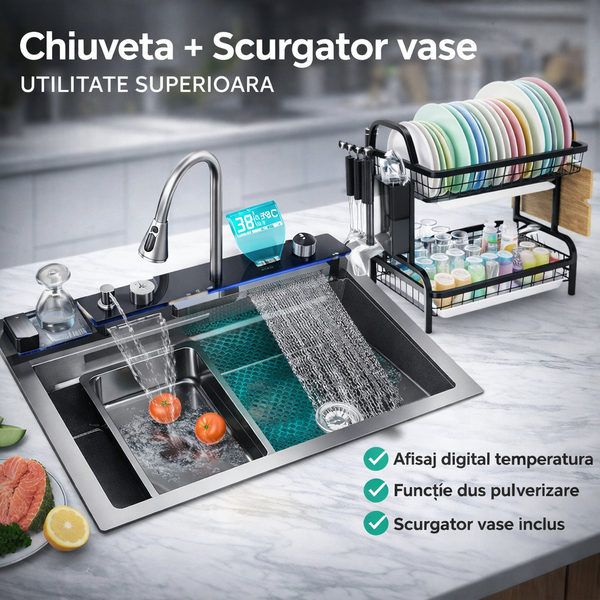 Chiuveta de bucatarie otel inoxidabil, afisaj digital temperatura apa + scurgator vase