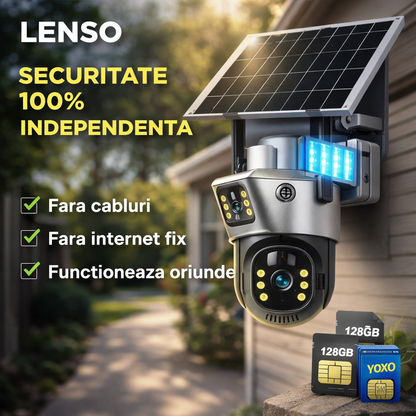 Pachet Promo: 2 x Camera Supraveghere LENSO 4G Duală + 2 Carduri 128GB + 2 Cartele YOXO CADOU!