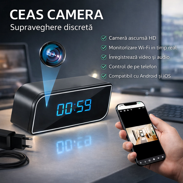 Camera WI-FI  in ceas desteptator + CARD DE MEMORIE
