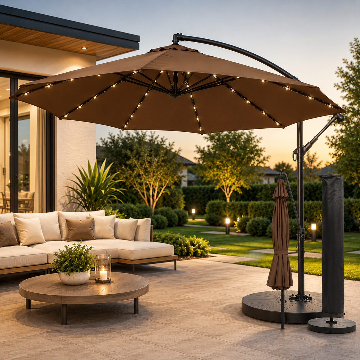 Umbrela Gradina Banana cu LED Solar, Brat Lateral, 420 cm