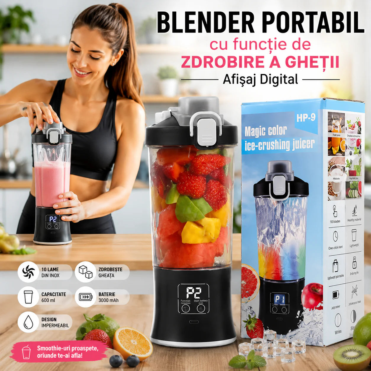 Storcator de fructe portabil, multifunctional, zdrobire rapida, baterie de 1500mAh, pentru interior cana de suc cu dubla utilizare, incarcare USB, capacitate 600ml