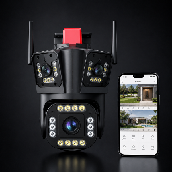 Cameră de Supraveghere Triplă WiFi 4K – 9 MP + CARD MEMORIE CADOU