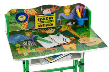 Birou cu scaun pentru copii, reglabile, cadru metalic si lemn, verde, Jungla B6