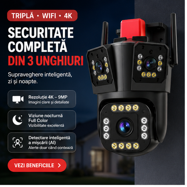 Cameră de Supraveghere Triplă WiFi 4K – 9 MP + CARD MEMORIE CADOU