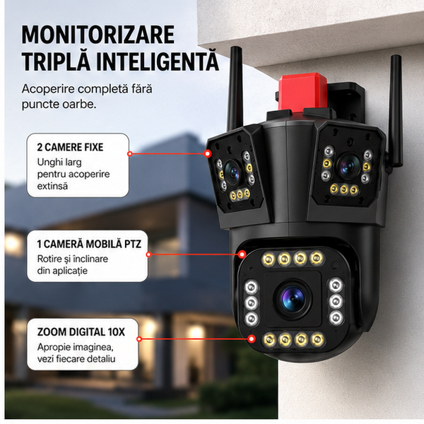 Cameră de Supraveghere Triplă WiFi 4K – 9 MP + CARD MEMORIE CADOU