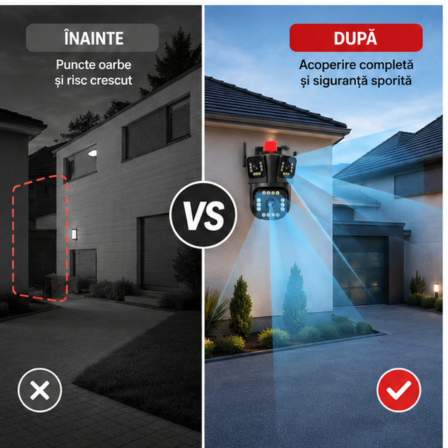 Cameră de Supraveghere Triplă WiFi 4K – 9 MP + CARD MEMORIE CADOU