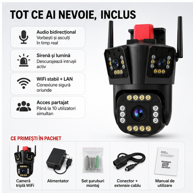 Cameră de Supraveghere Triplă WiFi 4K – 9 MP + CARD MEMORIE CADOU