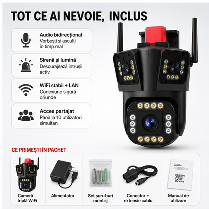 Cameră de Supraveghere Triplă WiFi 4K – 9 MP + CARD MEMORIE CADOU